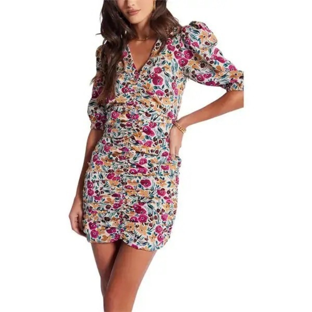NWT BISHOP + YOUNG Womens Carly Ruched Front Dress Size Small Floral Design